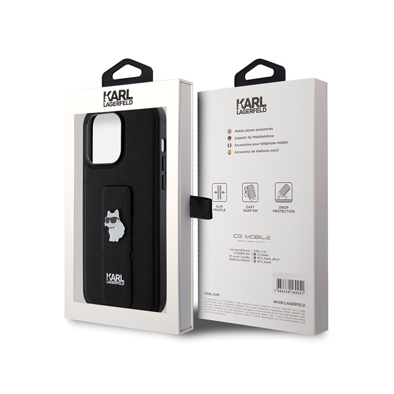 Husa originala iPhone 14 Pro Max Karl Lagerfeld Saffiano Gripstand, Choupette, negru, KLHCP14XGSACHPK