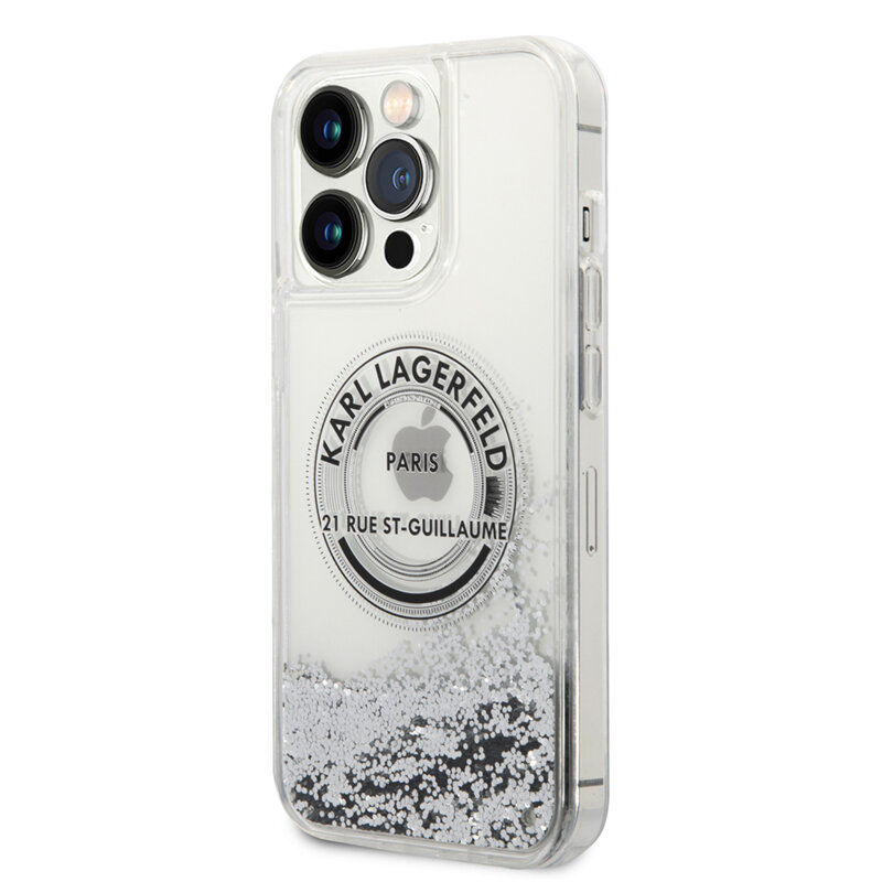 Husa Karl Lagerfeld iPhone 14 Pro Max Hardcase Liquid Glitter, RSG, argintiu, KLHCP14XLCRSGRS