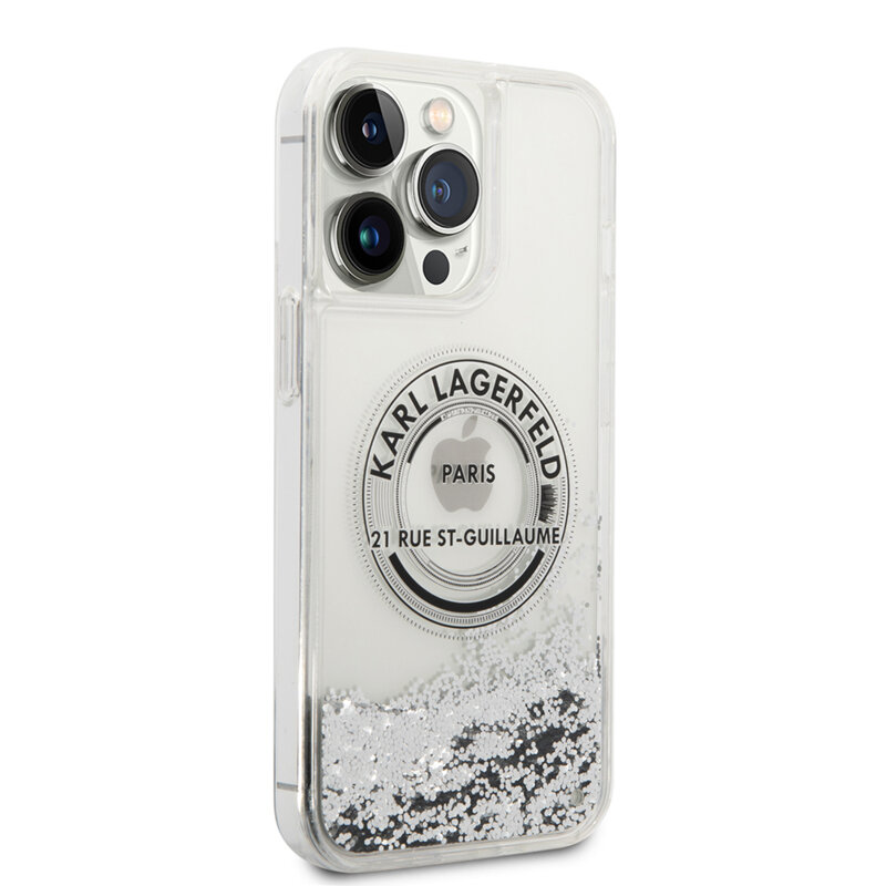 Husa Karl Lagerfeld iPhone 14 Pro Max Hardcase Liquid Glitter, RSG, argintiu, KLHCP14XLCRSGRS