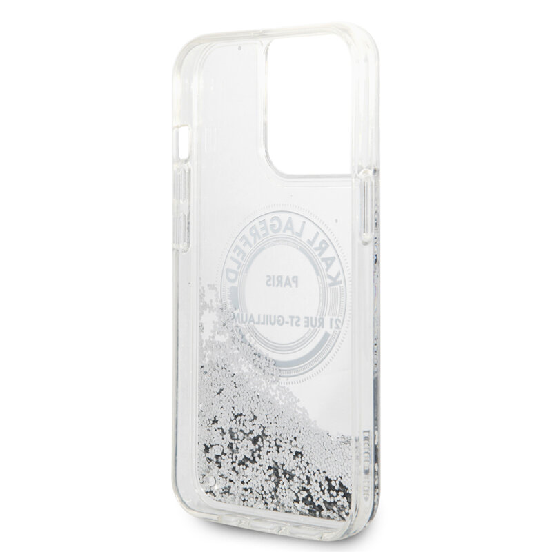 Husa Karl Lagerfeld iPhone 14 Pro Max Hardcase Liquid Glitter, RSG, argintiu, KLHCP14XLCRSGRS