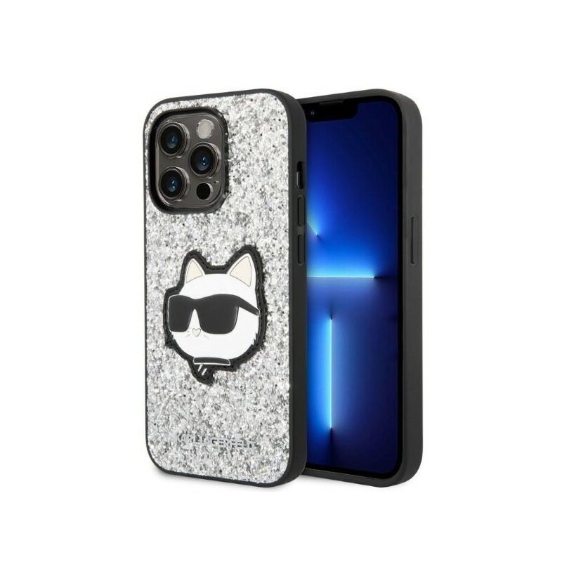 Husa Karl Lagerfeld iPhone 14 Pro Max Hardcase Glitter, Choupette Patch, argintiu, KLHCP14XG2CPS