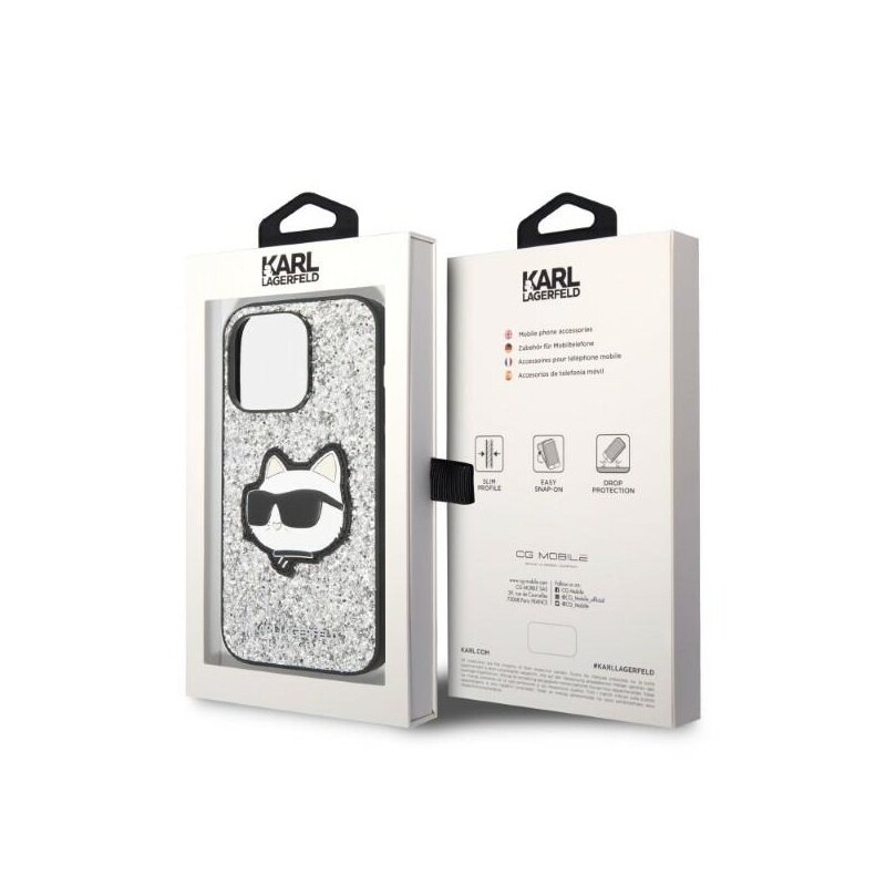 Husa Karl Lagerfeld iPhone 14 Pro Max Hardcase Glitter, Choupette Patch, argintiu, KLHCP14XG2CPS