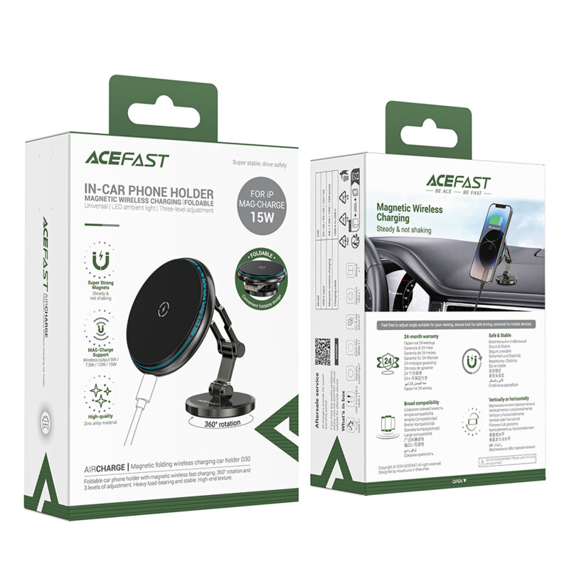 Suport auto wireless charging Acefast D30, rotire 360°, negru