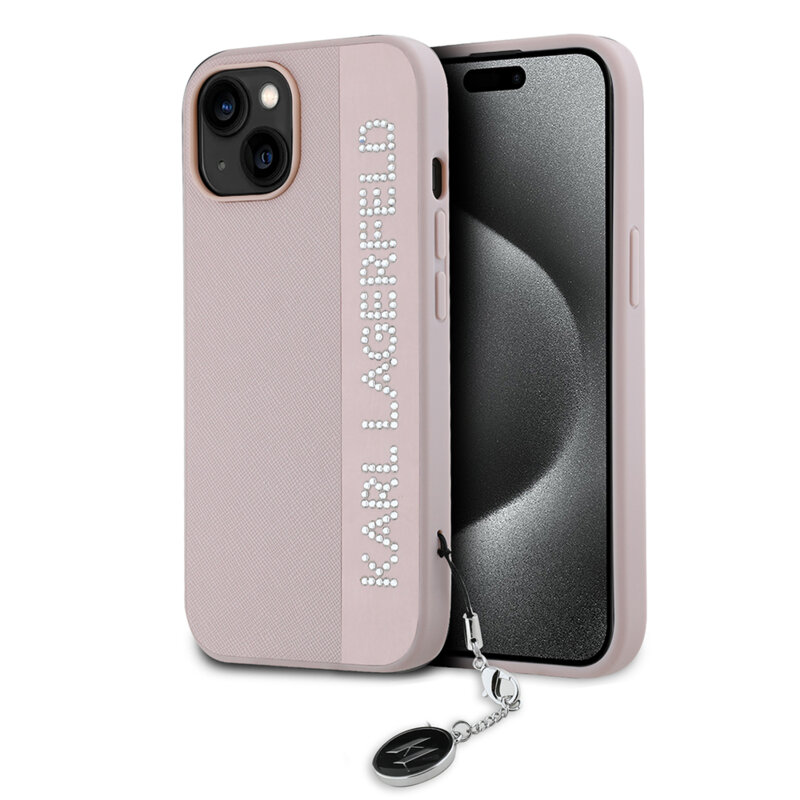 Husa originala iPhone 15 Karl Lagerfeld Saffiano, Rhinestones&Charm, roz, KLHCP15SPSAKDGCP