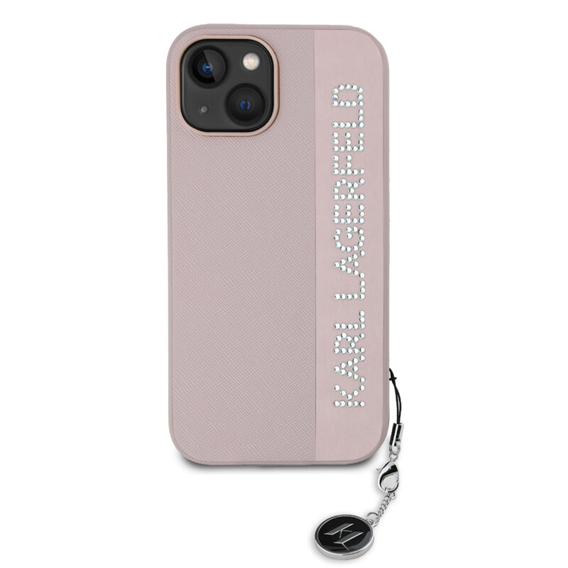 Husa originala iPhone 15 Karl Lagerfeld Saffiano, Rhinestones&Charm, roz, KLHCP15SPSAKDGCP