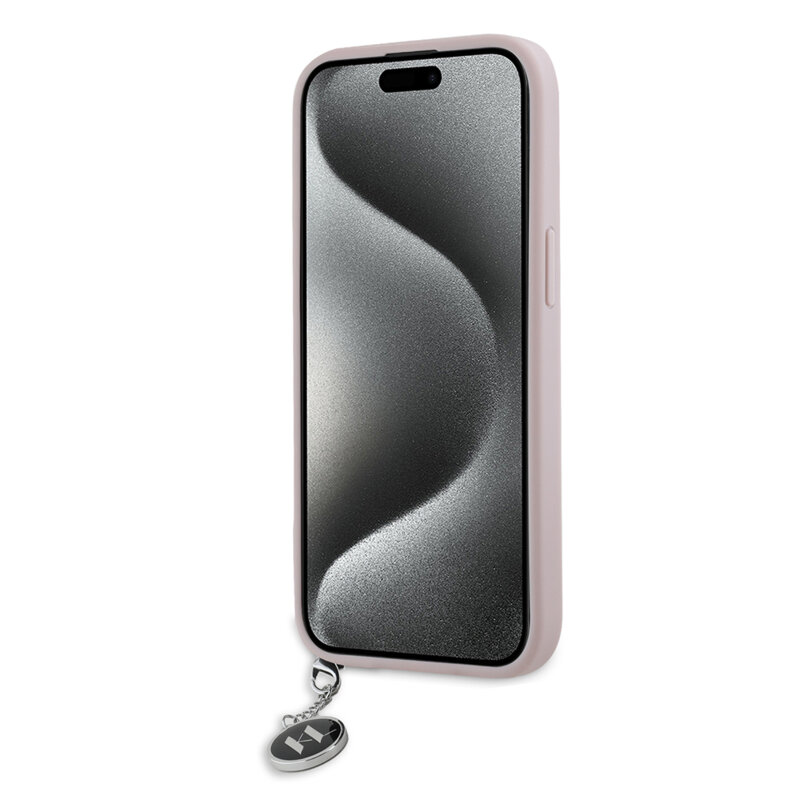 Husa originala iPhone 15 Karl Lagerfeld Saffiano, Rhinestones&Charm, roz, KLHCP15SPSAKDGCP