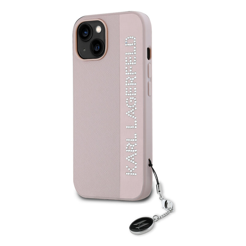 Husa originala iPhone 15 Karl Lagerfeld Saffiano, Rhinestones&Charm, roz, KLHCP15SPSAKDGCP