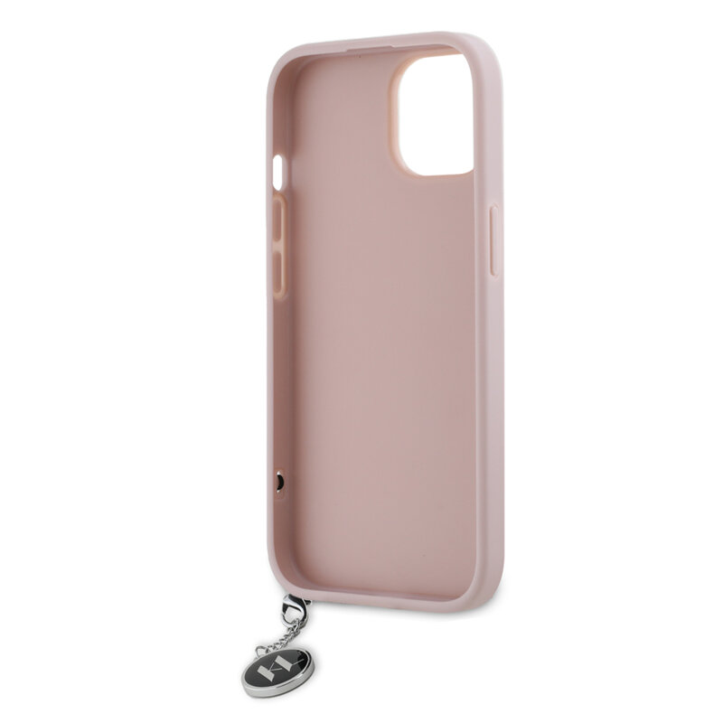 Husa originala iPhone 15 Karl Lagerfeld Saffiano, Rhinestones&Charm, roz, KLHCP15SPSAKDGCP