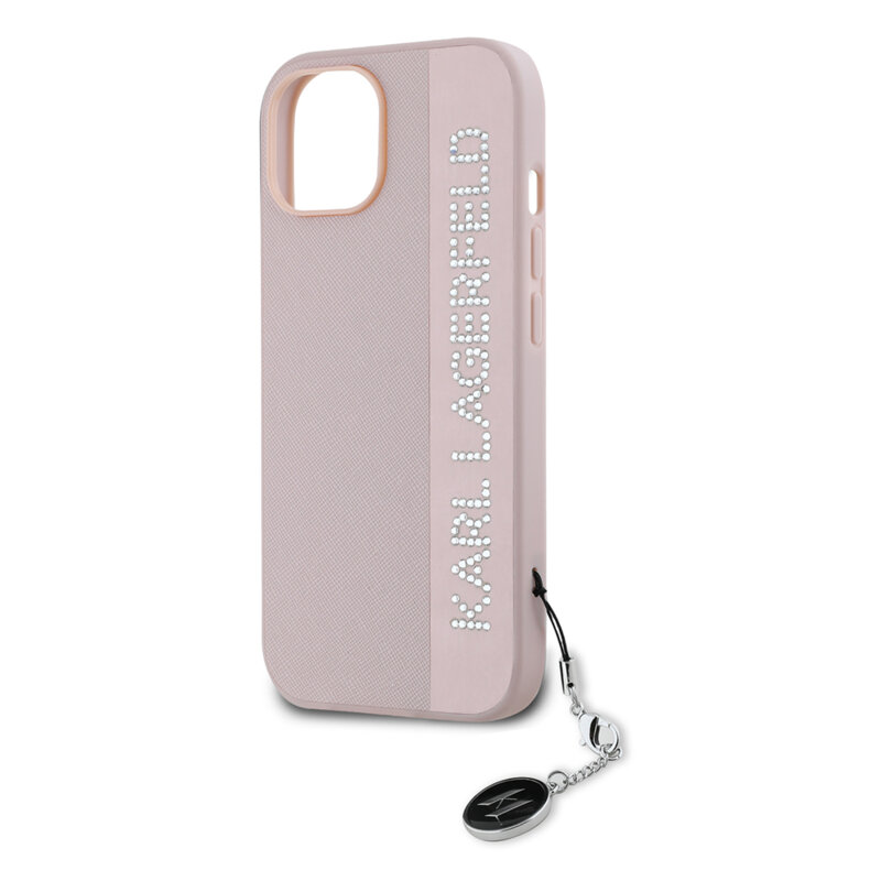 Husa originala iPhone 15 Karl Lagerfeld Saffiano, Rhinestones&Charm, roz, KLHCP15SPSAKDGCP