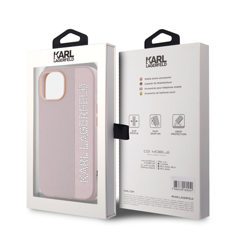 Husa originala iPhone 15 Karl Lagerfeld Saffiano, Rhinestones&Charm, roz, KLHCP15SPSAKDGCP