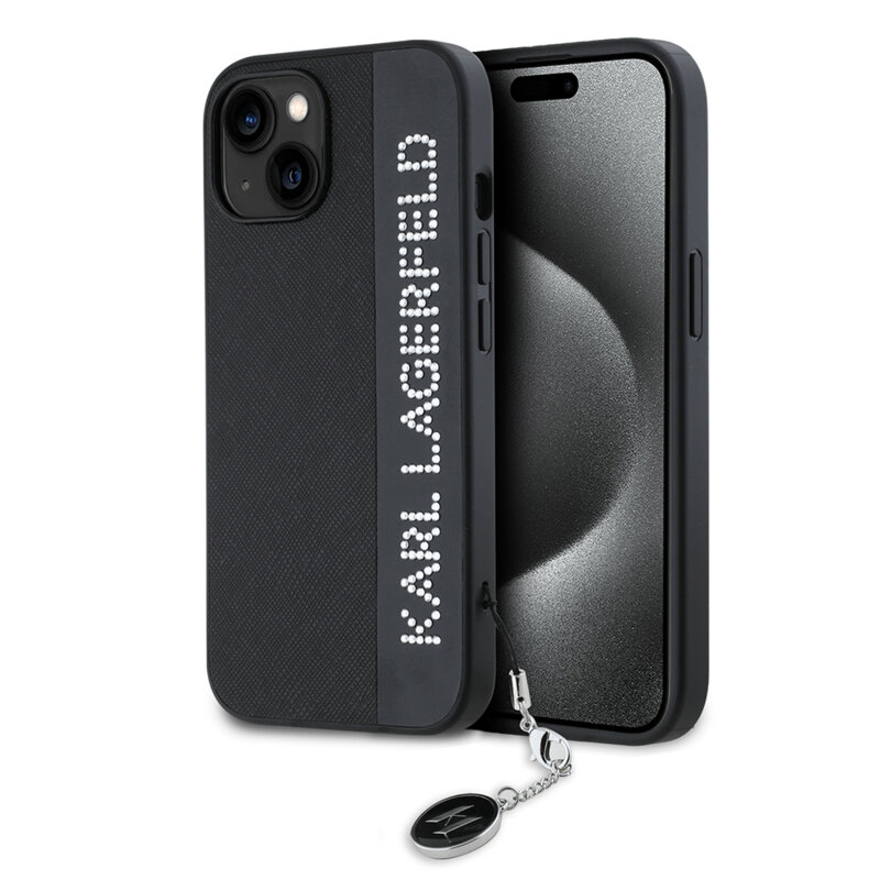 Husa originala iPhone 15 Karl Lagerfeld Saffiano, Rhinestones&Charm, negru, KLHCP15SPSAKDGCK