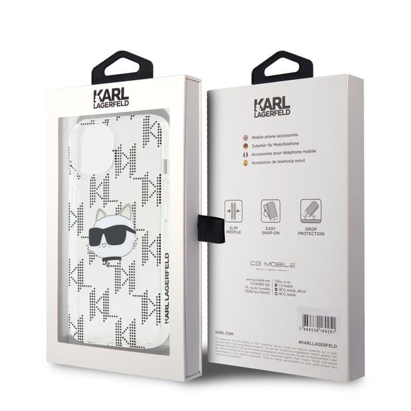 Husa iPhone 15 Karl Lagerfeld IML Luxury, Choupette Head&Monogram, transparent, KLHCP15SHKLPCHT