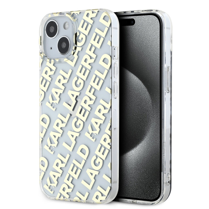 Husa iPhone 15 Karl Lagerfeld IML Luxury, Fullover Logo, auriu, KLHCP15SHKFOEMD