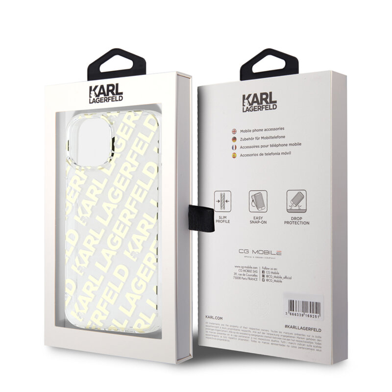 Husa iPhone 15 Karl Lagerfeld IML Luxury, Fullover Logo, auriu, KLHCP15SHKFOEMD