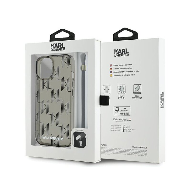 Husa iPhone 15 Karl Lagerfeld IML Luxury, Mono KL Pattern&Cord, negru, KLHCP15SHKDPNSK