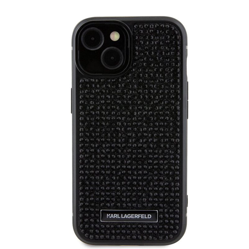 Husa iPhone 15 Karl Lagerfeld Hardcase Rhinestone, Logo Metal Plate, negru, KLHCP15SHDSPLK