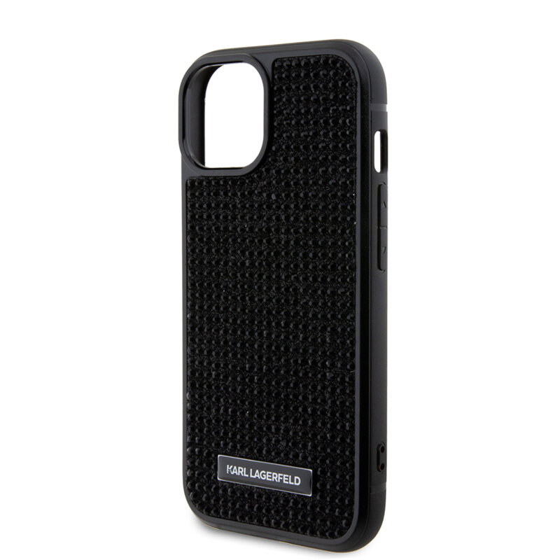 Husa iPhone 15 Karl Lagerfeld Hardcase Rhinestone, Logo Metal Plate, negru, KLHCP15SHDSPLK