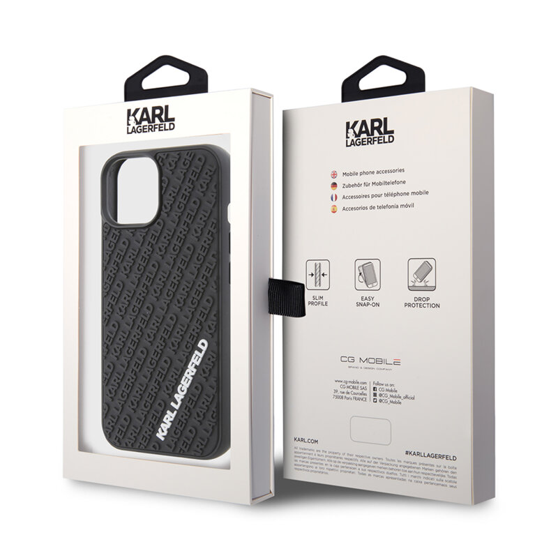 Husa originala iPhone 15 Karl Lagerfeld 3D Design, Rubber Multi Logo, negru, KLHCP15S3DMKRLK