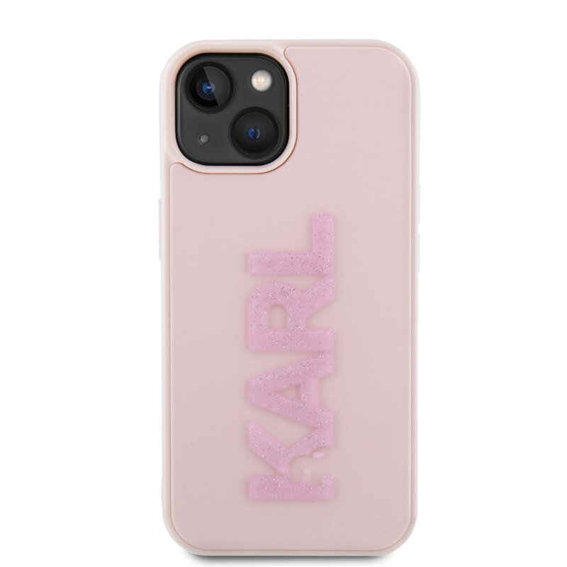 Husa originala iPhone 15 Karl Lagerfeld 3D Design, Rubber Glitter Logo, roz, KLHCP15S3DMBKCP