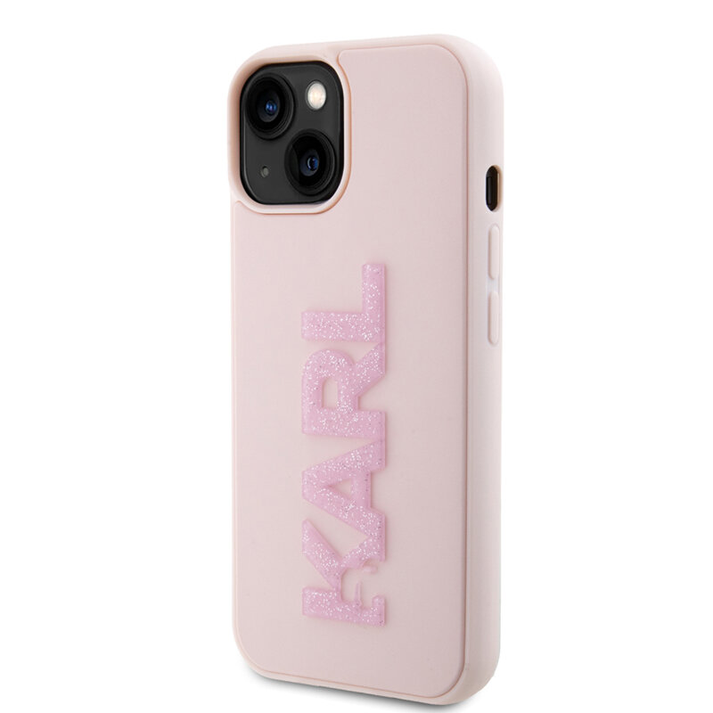 Husa originala iPhone 15 Karl Lagerfeld 3D Design, Rubber Glitter Logo, roz, KLHCP15S3DMBKCP