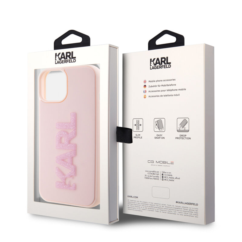 Husa originala iPhone 15 Karl Lagerfeld 3D Design, Rubber Glitter Logo, roz, KLHCP15S3DMBKCP