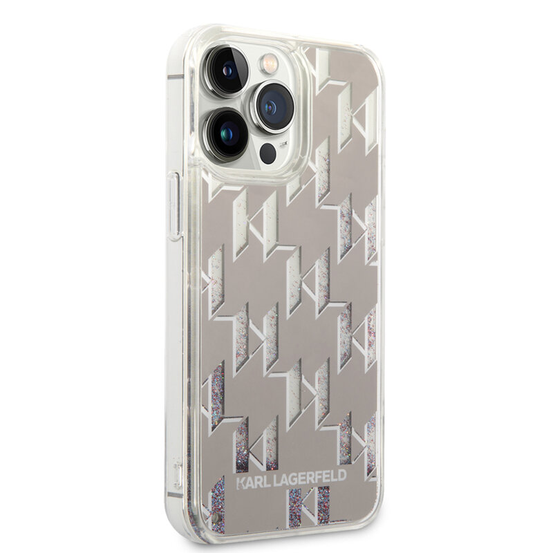 Husa Karl Lagerfeld iPhone 14 Pro Max Hardcase Liquid Glitter, Monogram, argintiu, KLHCP14XLMNMS