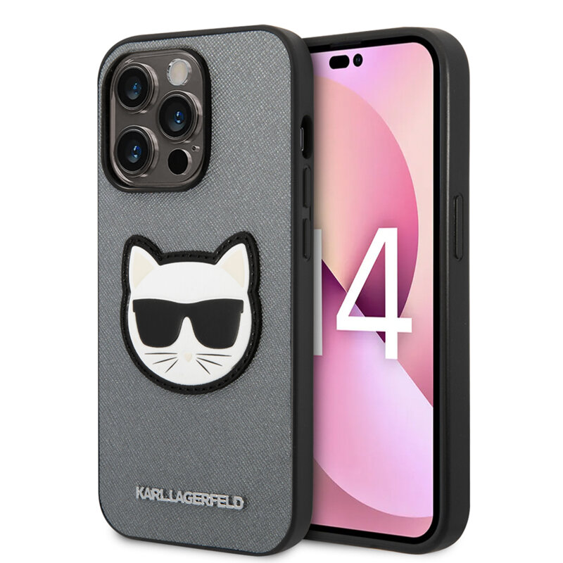 Husa originala iPhone 14 Pro Max Karl Lagerfeld Saffiano, Choupette Head, argintiu, KLHCP14XSAPCHG