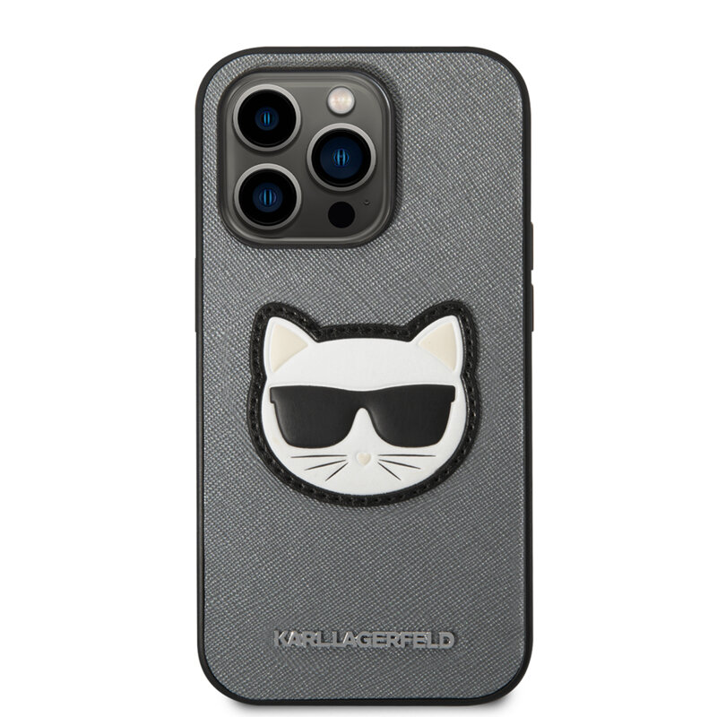 Husa originala iPhone 14 Pro Max Karl Lagerfeld Saffiano, Choupette Head, argintiu, KLHCP14XSAPCHG
