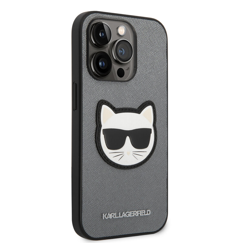 Husa originala iPhone 14 Pro Max Karl Lagerfeld Saffiano, Choupette Head, argintiu, KLHCP14XSAPCHG