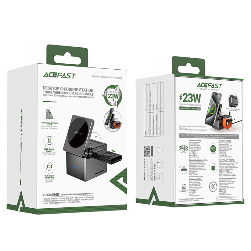 Statie incarcare 3in1 telefon wireless Acefast E18, 23W, gri