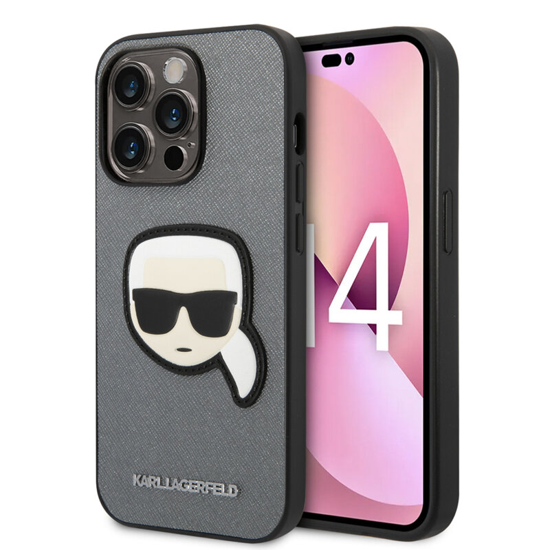 Husa originala iPhone 14 Pro Max Karl Lagerfeld Saffiano, Karl`s Head, argintiu, KLHCP14XSAPKHG