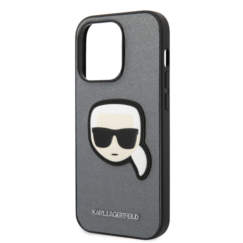 Husa originala iPhone 14 Pro Max Karl Lagerfeld Saffiano, Karl`s Head, argintiu, KLHCP14XSAPKHG