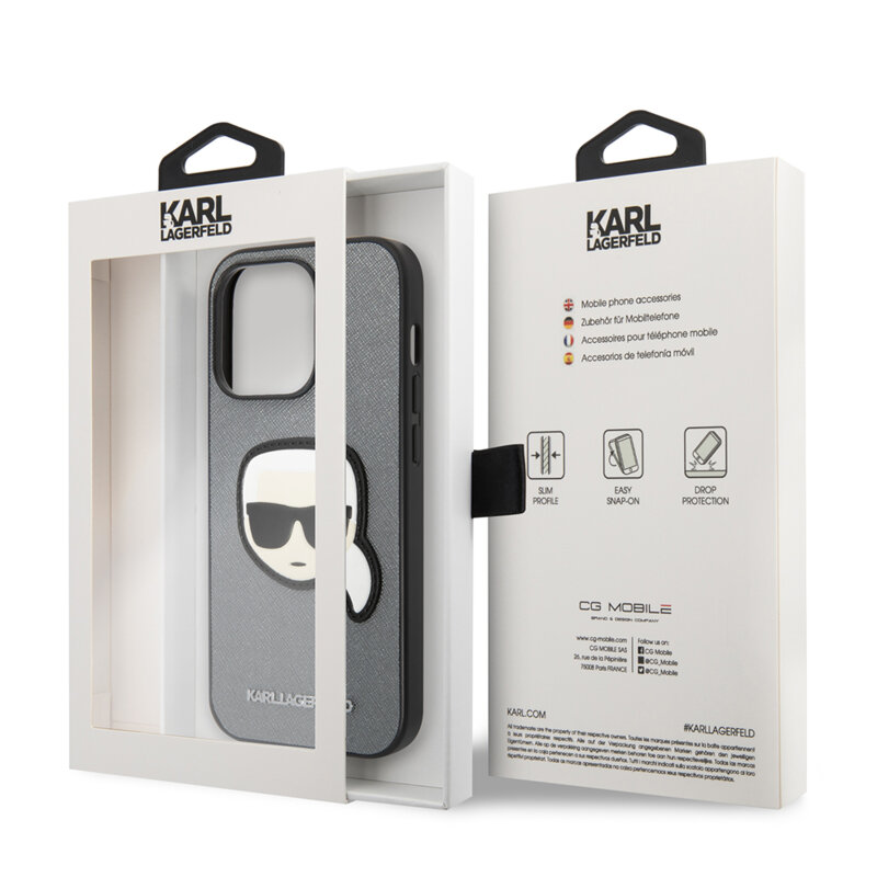 Husa originala iPhone 14 Pro Max Karl Lagerfeld Saffiano, Karl`s Head, argintiu, KLHCP14XSAPKHG