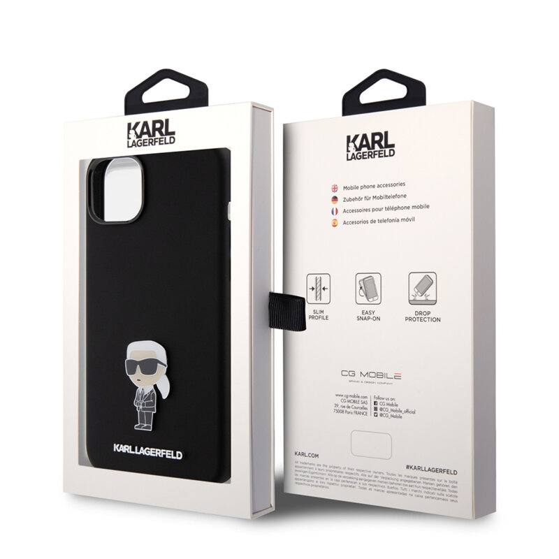 Husa Karl Lagerfeld iPhone 15 Plus Silicone, Ikonik Metal Pin, negru, KLHCP15MSMHKNPK