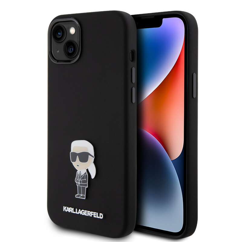 Husa Karl Lagerfeld iPhone 14 Plus Silicone, Ikonik Metal Pin, negru, KLHCP15MSMHKNPK