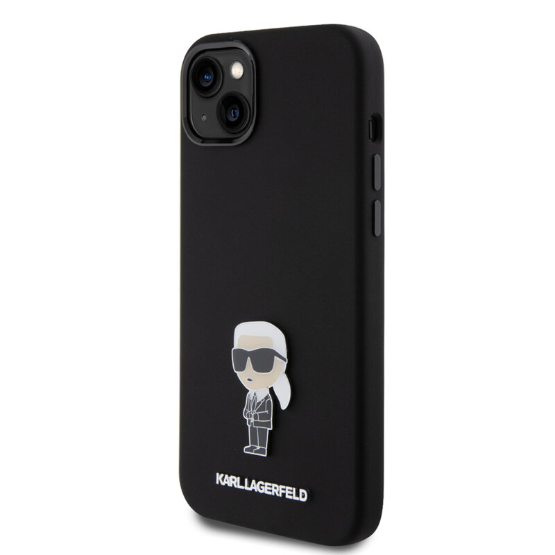 Husa Karl Lagerfeld iPhone 14 Plus Silicone, Ikonik Metal Pin, negru, KLHCP15MSMHKNPK