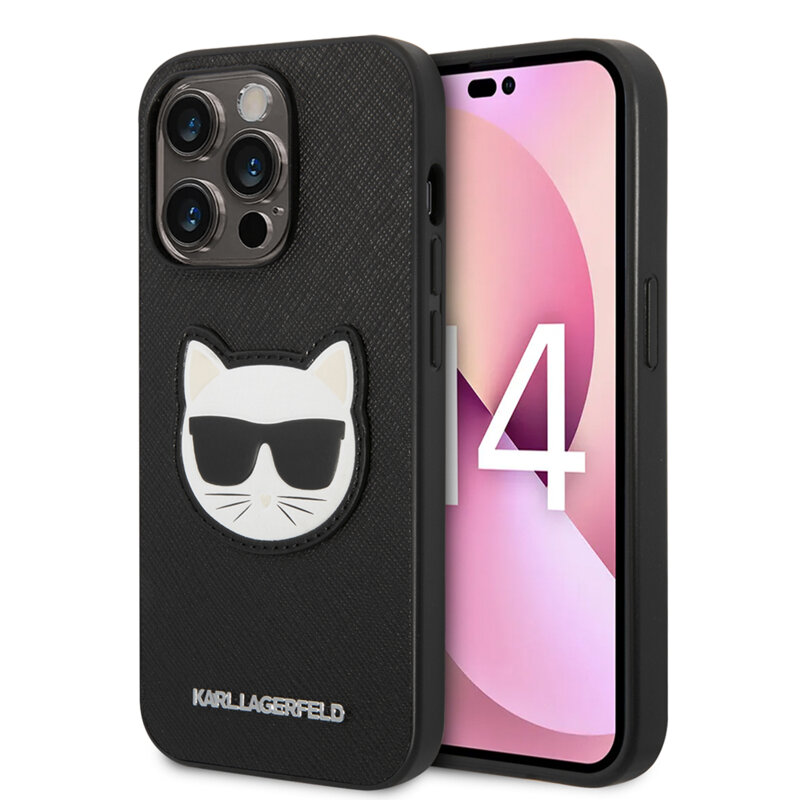 Husa originala iPhone 14 Pro Max Karl Lagerfeld Saffiano, Choupette Head, negru, KLHCP14XSAPCHK