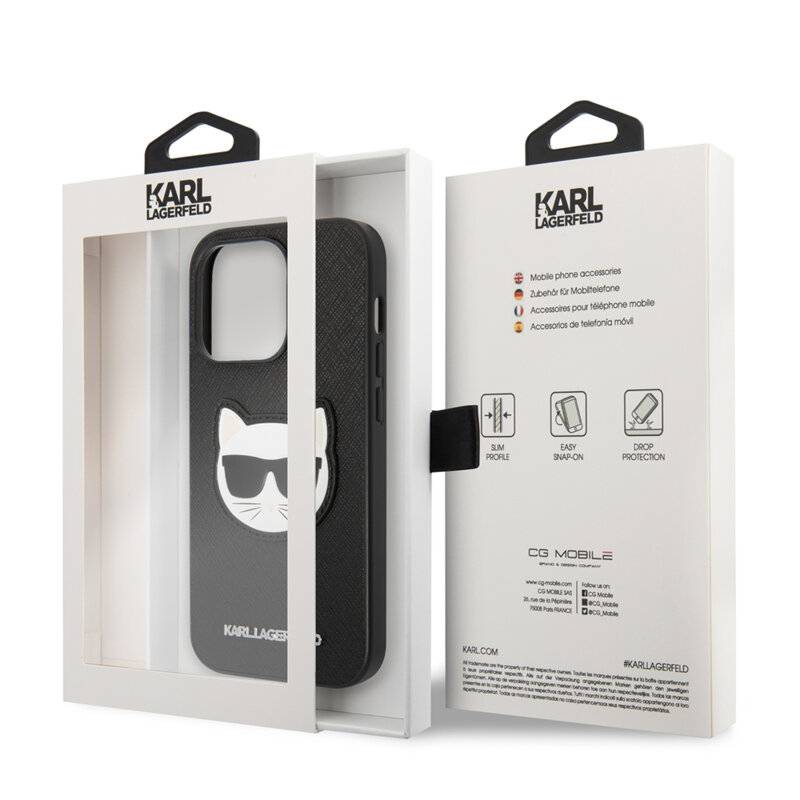 Husa originala iPhone 14 Pro Max Karl Lagerfeld Saffiano, Choupette Head, negru, KLHCP14XSAPCHK