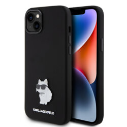 Husa Karl Lagerfeld iPhone 15 Plus Silicone, Choupette Metal Pin, negru, KLHCP15MSMHCNPK