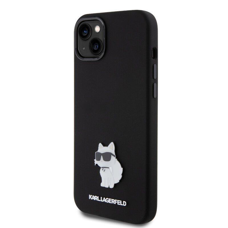 Husa Karl Lagerfeld iPhone 15 Plus Silicone, Choupette Metal Pin, negru, KLHCP15MSMHCNPK