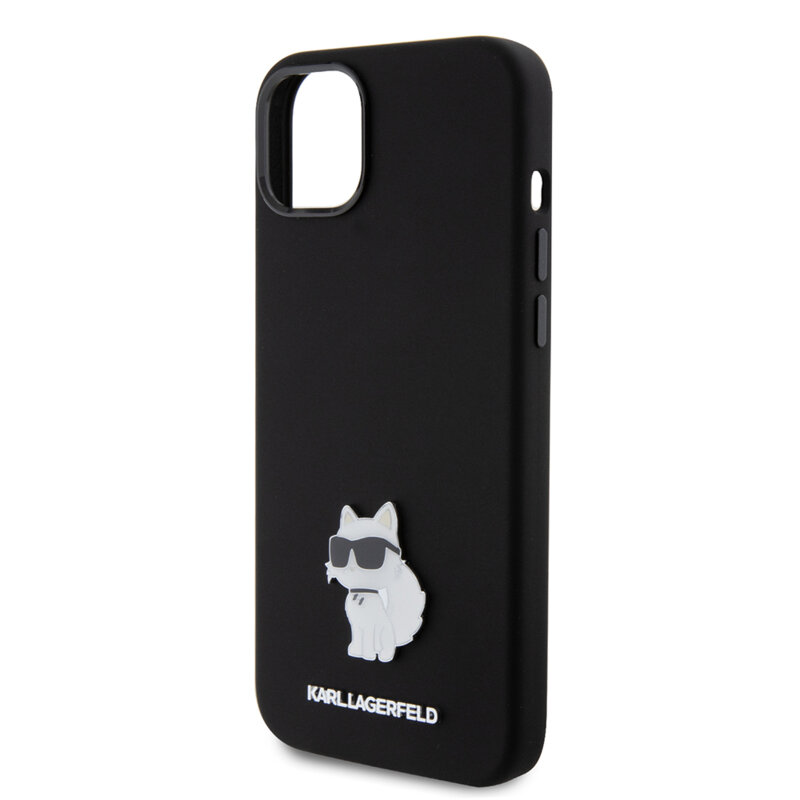 Husa Karl Lagerfeld iPhone 15 Plus Silicone, Choupette Metal Pin, negru, KLHCP15MSMHCNPK