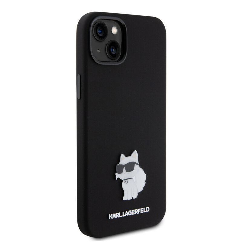 Husa Karl Lagerfeld iPhone 15 Plus Silicone, Choupette Metal Pin, negru, KLHCP15MSMHCNPK
