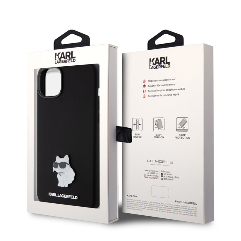 Husa Karl Lagerfeld iPhone 15 Plus Silicone, Choupette Metal Pin, negru, KLHCP15MSMHCNPK