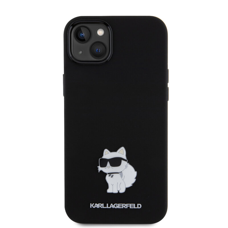 Husa Karl Lagerfeld iPhone 14 Plus Silicone, Choupette Metal Pin, negru, KLHCP15MSMHCNPK