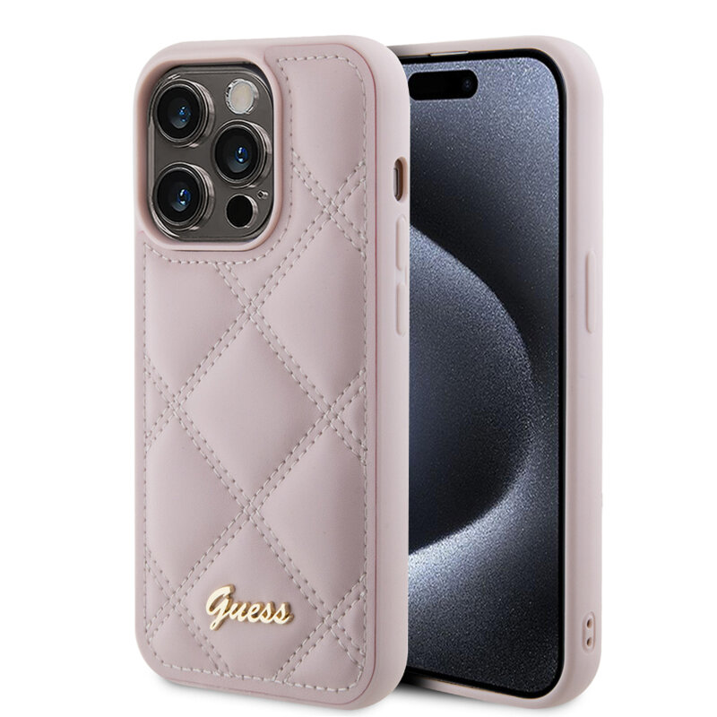 Husa originala Guess Quilted Metal Logo iPhone 15 Pro, roz, GUHCP15LPSQSQSP