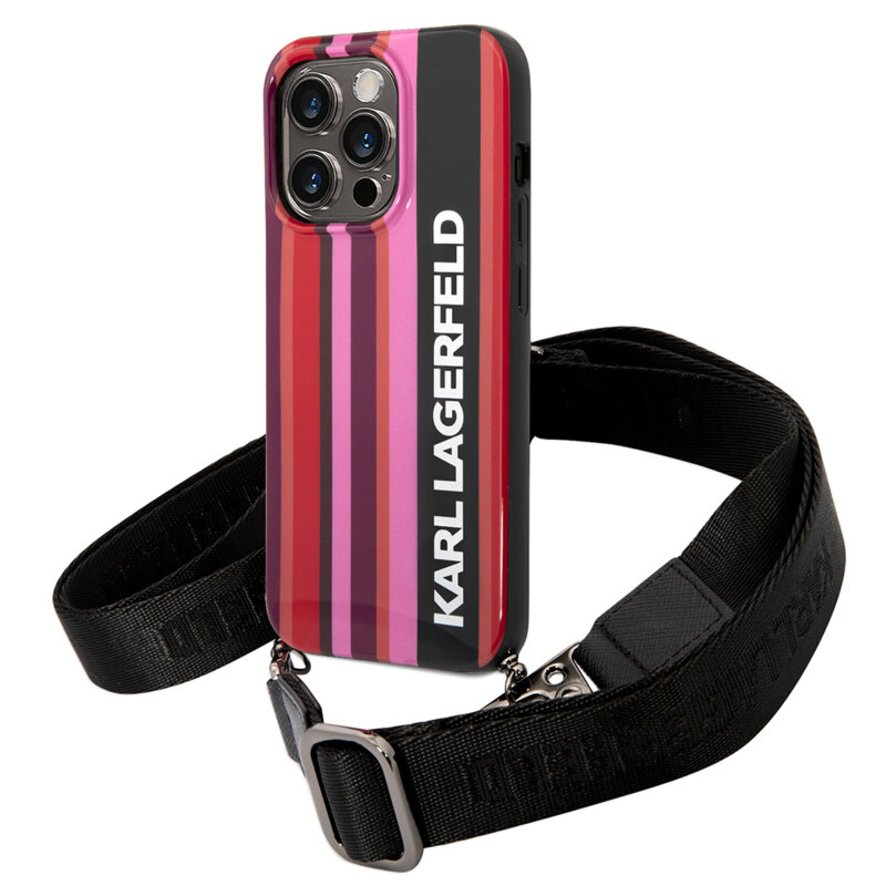 Husa iPhone 14 Pro Max Karl Lagerfeld Hardcase cu snur, Color Stripes, roz, KLHCP14XSTSTP