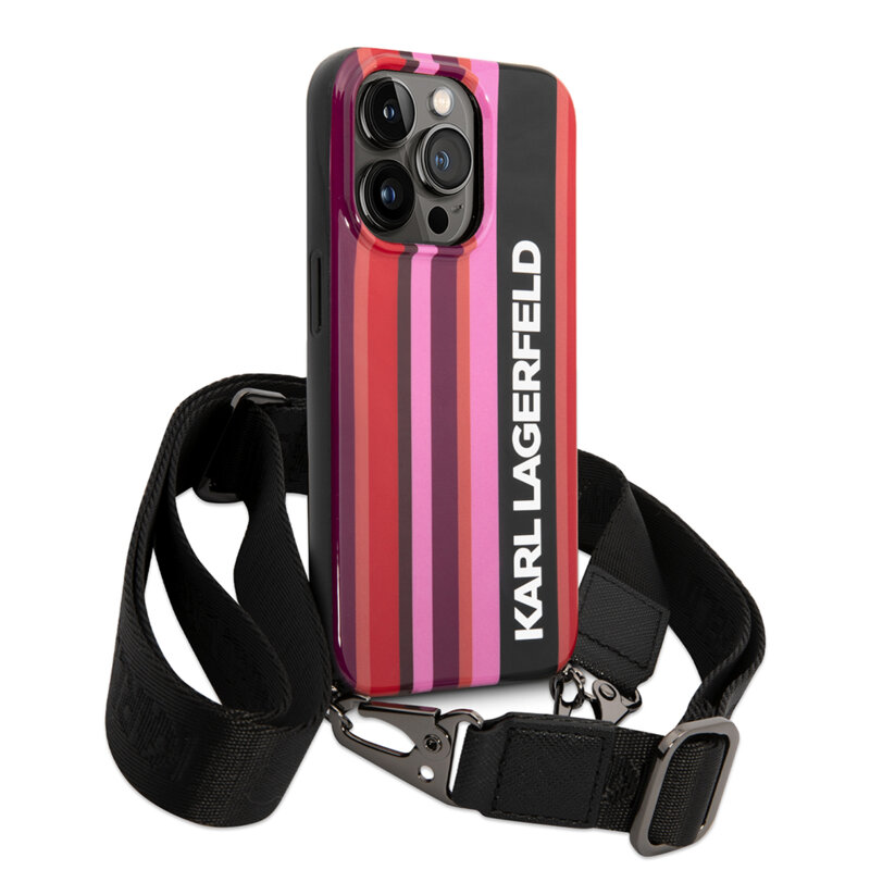 Husa iPhone 14 Pro Max Karl Lagerfeld Hardcase cu snur, Color Stripes, roz, KLHCP14XSTSTP