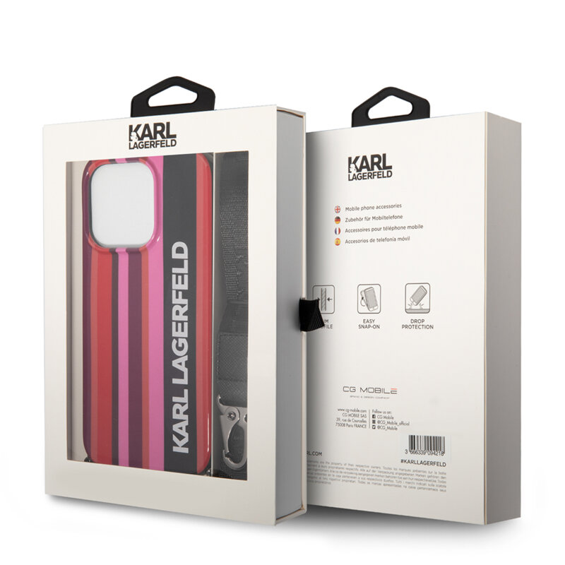 Husa iPhone 14 Pro Max Karl Lagerfeld Hardcase cu snur, Color Stripes, roz, KLHCP14XSTSTP
