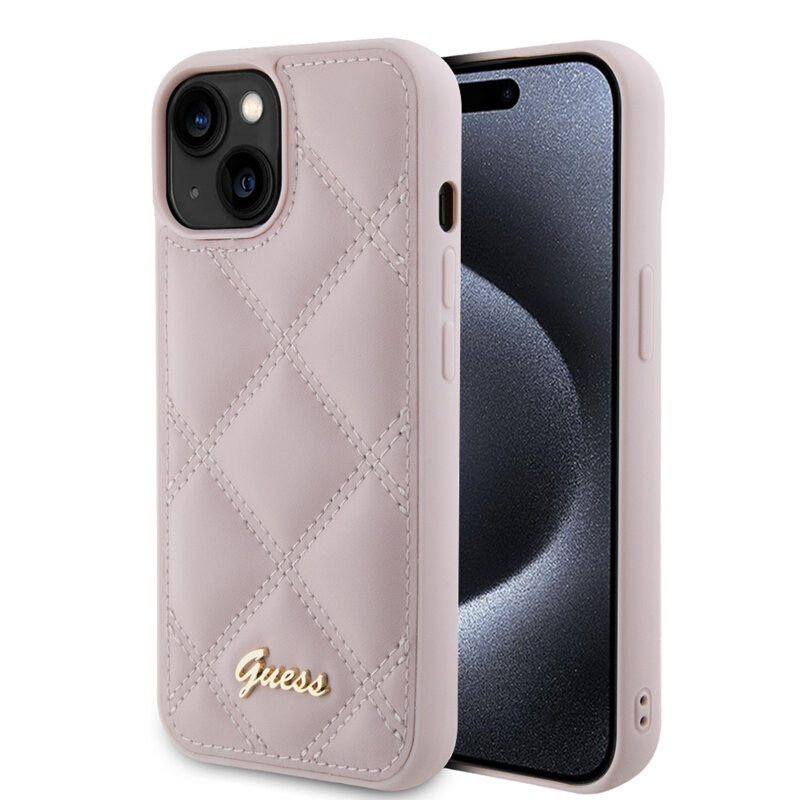 Husa originala Guess Quilted Metal Logo iPhone 15, roz, GUHCP15SPSQSQSP