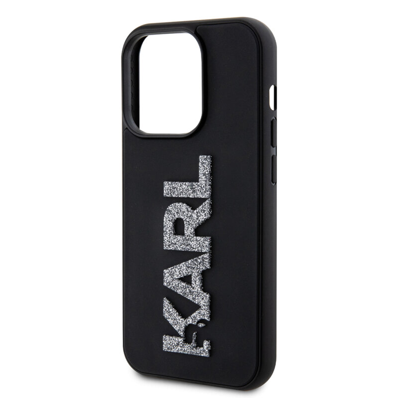 Husa originala iPhone 15 Pro Karl Lagerfeld 3D Design, Rubber Glitter Logo, negru, KLHCP15L3DMBKCK